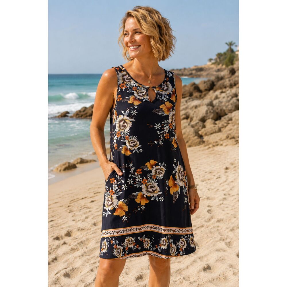 Boutique Floral Sleeveless Dress Sz. M Navy Orange Beachy Shift Pocket Dress #10
